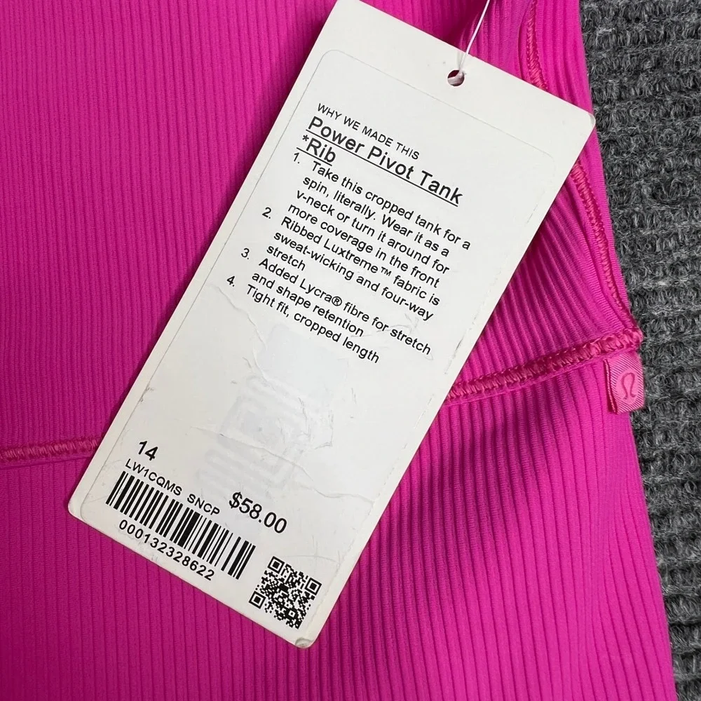 Lululemon Power Pivot Tank Rib Sonic Pink Reversible Crop Top Size 14 NWT